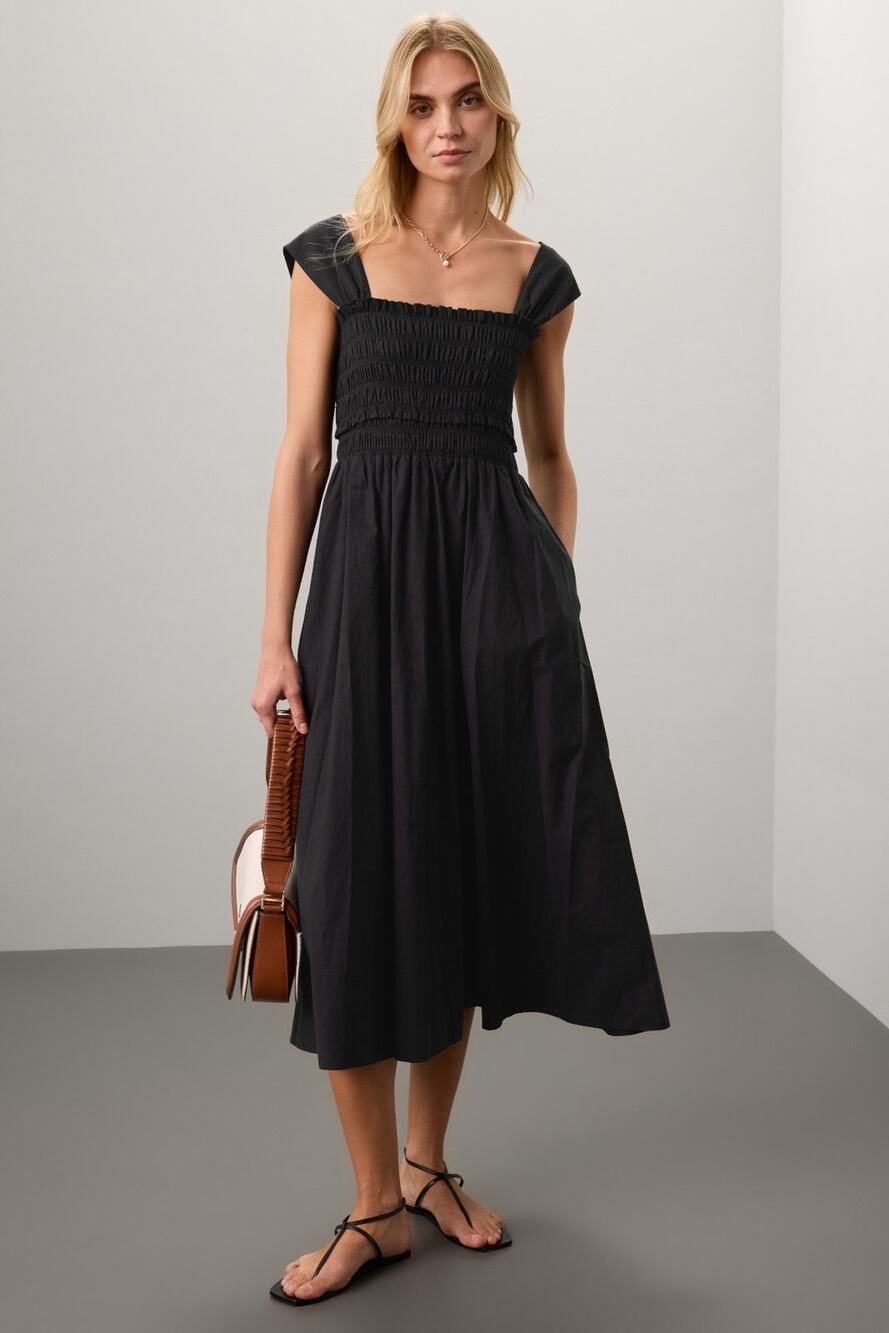 Club Monaco Sz XS Black Cotton Smocked Square Neck A-Line Sun Nap Midi Dress
